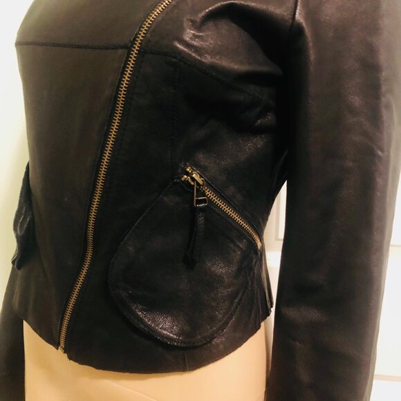 ANTHROPOLOGIE UK ELEVENSES Asymmetrical Zipper Black Leather Moto Jacket Sz S - Picture 2 of 9
